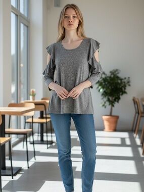 Gray Ruffle Cold Shoulder Sleeve Women's Top